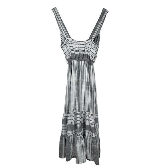 Slate & Willow Tiered Midi Dress Small Black White Stripe Tie Front Boho Cottage - Picture 3 of 15